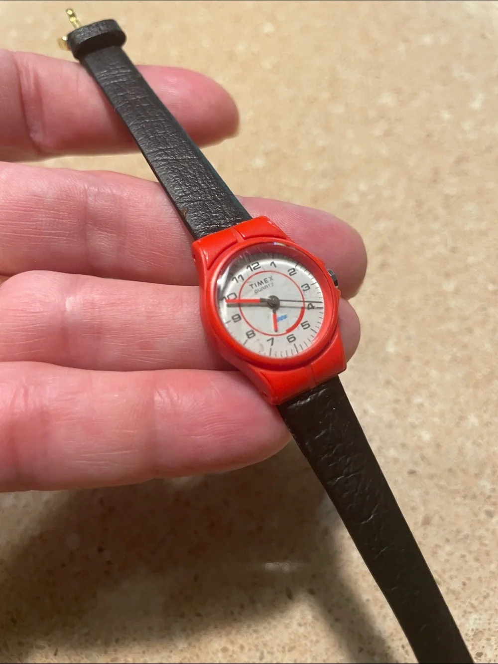 Timex Red Case Watch with Black Leather Strap